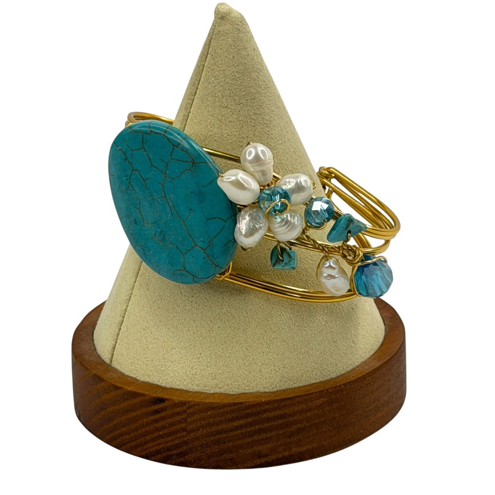 Artisan Wire Wrapped Cuff Bracelet Turquoise Freshwater Pearl Gold Tone 6.25in